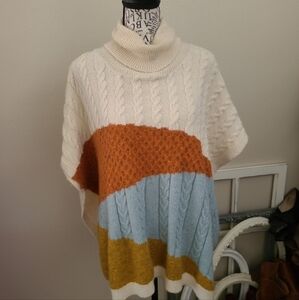 Sweater Poncho Women's SZ S relaxed fit multi textured knit pattern earthy tones